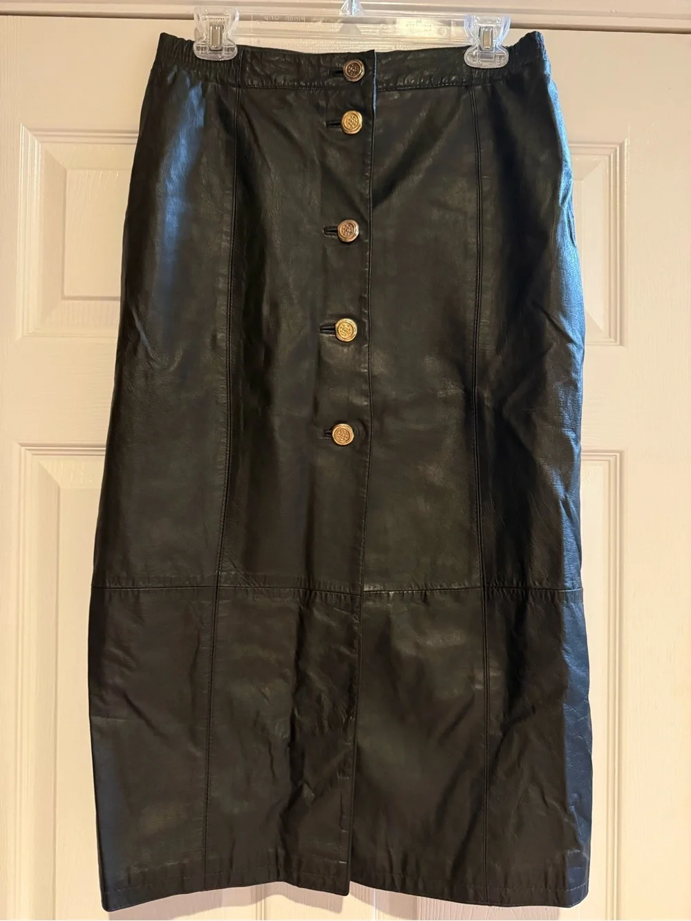 Vintage Margaret Godfrey Black Genuine Leather Midi Skirt Gold Buttons Size 10